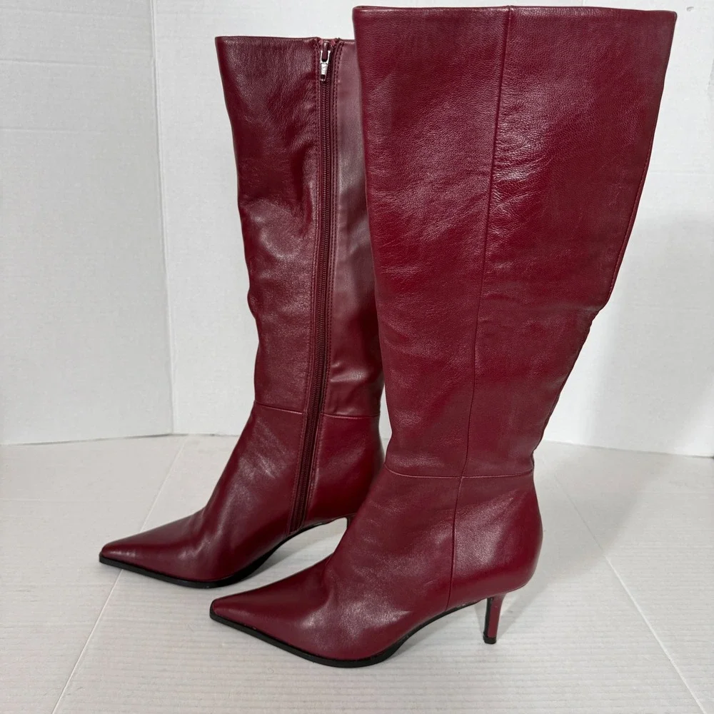 Steve Madden Lingo Womens Leather Wine Burgundy Zip Knee High Boots Size 7